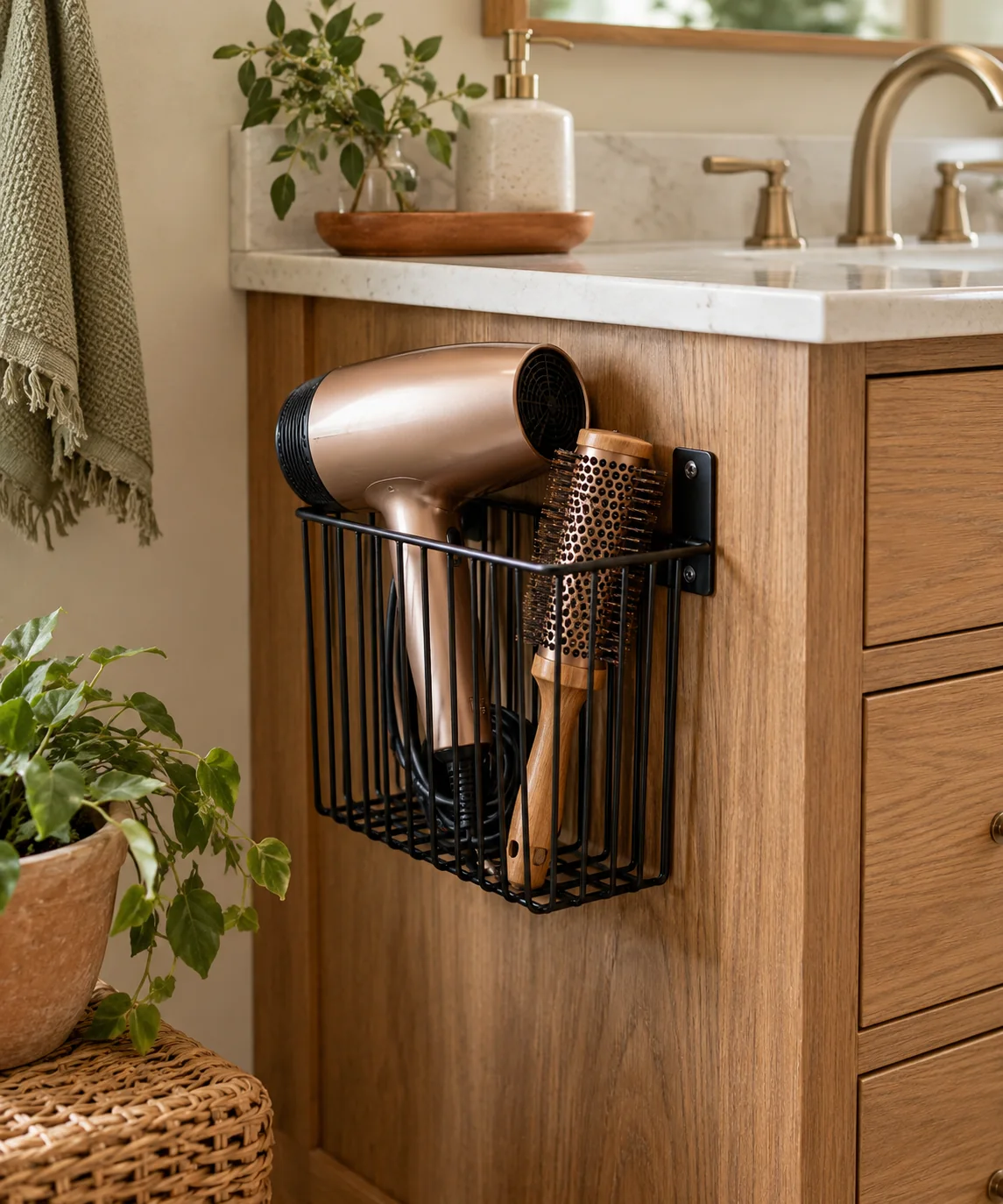 AI-generated editorial image inspired by small bathroom storage