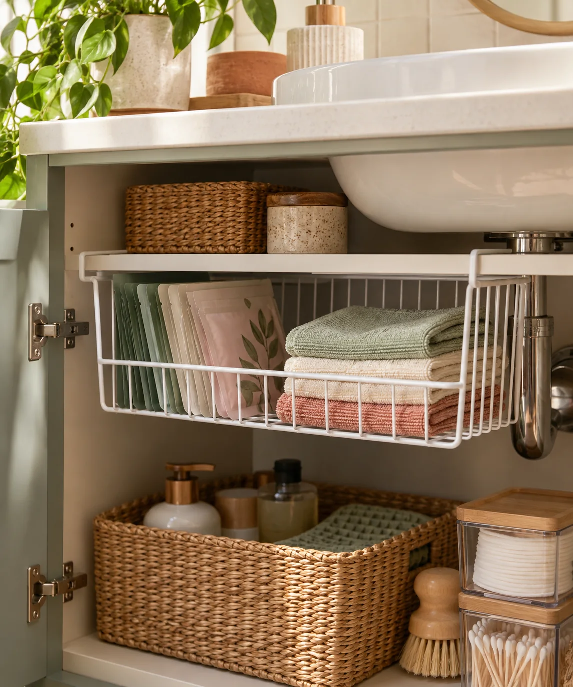 AI-generated editorial image inspired by small bathroom storage