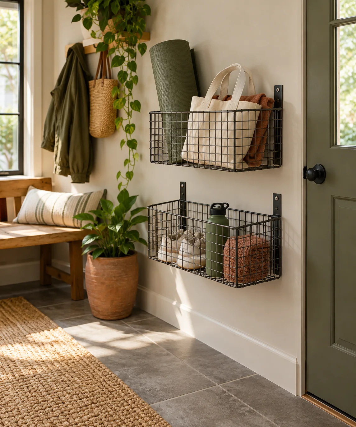 AI-generated editorial image inspired by entryway organization