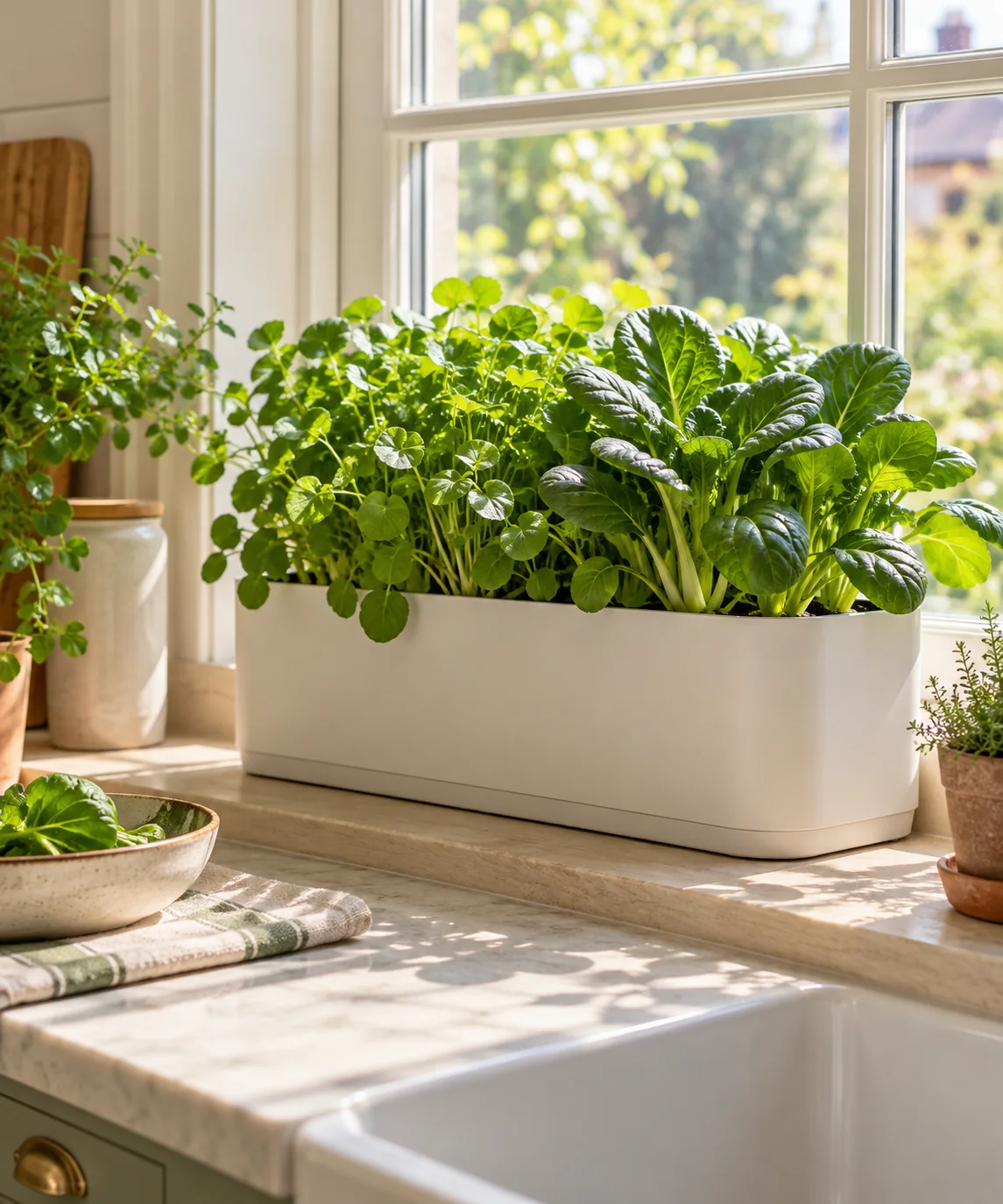 AI-generated editorial image inspired by container vegetable gardens